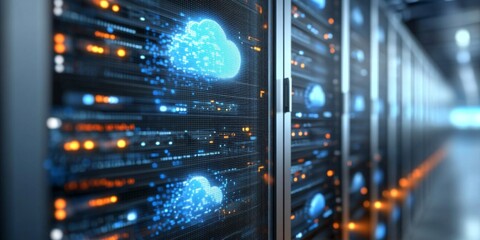 Naklejka premium Detailed analysis of the hybrid cloud system emphasizing its sophisticated features.