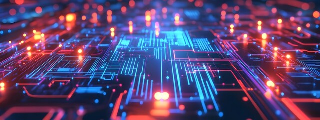 Obraz premium A background of a digital circuit board with glowing lines and neon lights, representing the high-tech nature of AI technology
