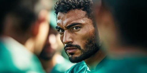 Rugged athletes in a scrum demonstrate the strength and strategy of rugby sevens.