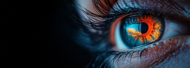 A close-up of a digital eye featuring glowing circuits, representing the vision and future of technology, artificial intelligence, and human-machine interaction