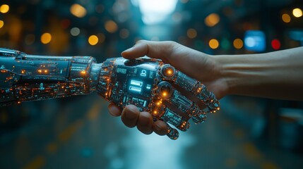 A human hand shaking a robotic AI hand, symbolizing collaboration between humans and machines in the future of technology and artificial intelligence for the internet of things