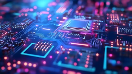 Fototapeta premium A background of a digital circuit board with glowing lines and neon lights, representing the high-tech nature of AI technology