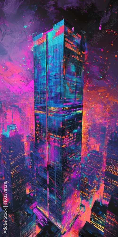 Canvas Prints Artistic representation of a synthwave skyscraper, with a double exposure effect incorporating vibrant cityscapes and abstract patterns.