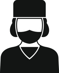 Simple black and white vector icon of a female surgeon wearing scrubs and a surgical mask