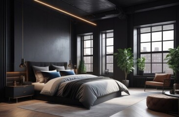 Obraz premium General plan. Design of a modern studio apartment in loft style with panoramic windows, a large bed and leather armchairs. Luxurious design.