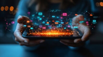 Obraz premium Hands holding a smartphone glowing with AI social media digital data icons floating above, symbolizing the digital age, virtual interaction, and communication technology