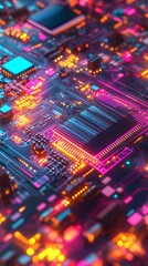 Obraz premium A background of a digital circuit board with glowing lines and neon lights, representing the high-tech nature of AI technology