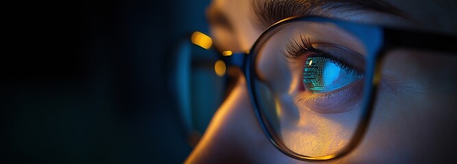 A person wearing glasses with reflections of digital code, illustrating the intersection of human intelligence and the ever-evolving AI digital world of futuristic artificial intelligence