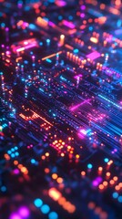 Obraz premium A background of a digital circuit board with glowing lines and neon lights, representing the high-tech nature of AI technology