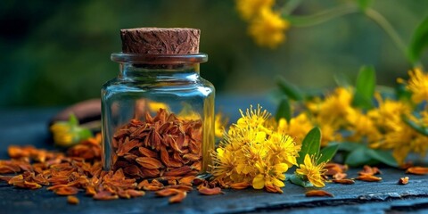 Rhodiola Rosea Extract in Glass Bottle with Yellow Flowers.