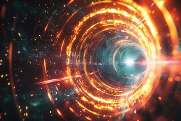 Futuristic space orb with colorful energy particles.