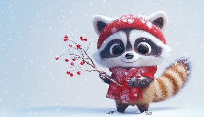 Fototapeta premium A cute raccoon wearing a red scarf