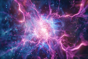 Futuristic space orb with colorful energy particles.