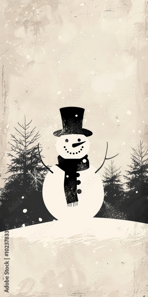 Poster A snowman wearing a scarf and hat stands in front of a forest. Concept of winter wonderland and the joy of the season