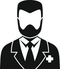 Simple black and white vector icon of a bearded doctor wearing a suit and tie, with a medical cross