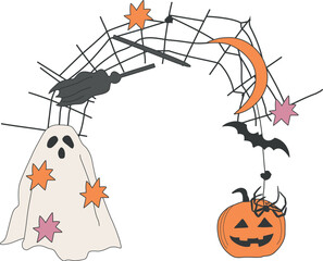 Halloween vector frame with funny ghost and pumpkin, spider web, spider, halloween bat, broom and moon. Perfect for decor cards, invitations, t-shirt design.