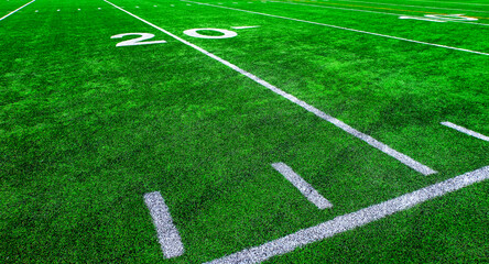 Football Field Green Yard Markers to Goal Line Touchdown Endzone Game Competition 20 Yard Line