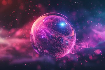 Fototapeta premium Futuristic pink and purple space particles in energy orb.
