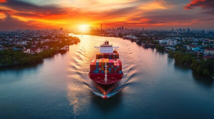 Fototapeta premium Aerial view of the freight shipping transport system cargo ship container. international transportation Export-import business, logistics, transportation industry concepts 