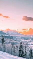 Obraz premium The sun sets over a snowy valley, casting warm hues on the mountains and trees