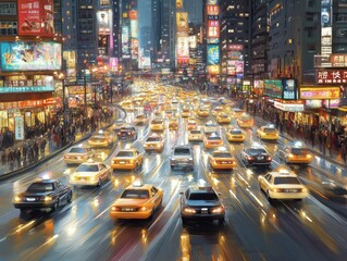 Bustling Nighttime City Traffic with Bright Neon Lights and Tall Buildings