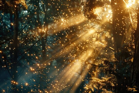 Fototapeta zoom lens and golden light burst among trees