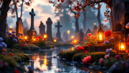 Naklejka premium Traumhafte Friedhofsszene mit Blumen und Laternen im Abendlicht