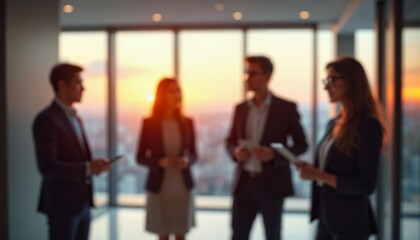 Business Team Engaged in Discussion with Sunset View in Office Setting