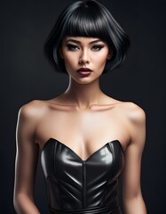 Naklejka premium studio portrait of a brunette short haired woman with nude shoulders wearing a low cut black leather mini dress on black background