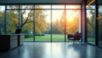 Fototapeta premium Serene Sunset View Through Glass Window Overlooking Backyard with Trees and Grass