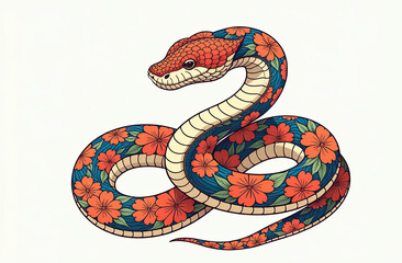 Obraz premium snake with flower composition on white background. Chinese New year of the snake 2025