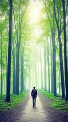 Obraz premium Intrepid Explorer Forging Ahead into Misty Mysterious Forest Wilderness