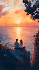 Obraz premium A couple sitting on the edge of an ocean cliff, watching as the sun sets over the horizon