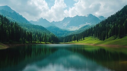 A tranquil lake surrounded by lush green forest and mountains under a blue sky with white clouds.