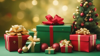 A festive Christmas scene with a decorated tree gift boxes tied with ribbons and colorful wrapping paper.