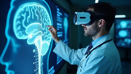 Middle-Aged Caucasian Man Using Virtual Reality to Explore 3D Brain Model for Educational Insights