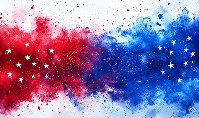 Watercolor splashes in red and blue colors with stars. USA national holiday concept background.