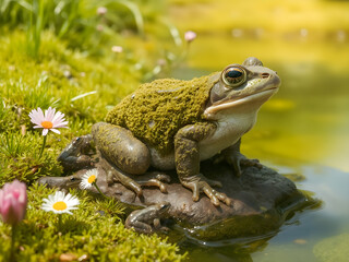 Obraz premium Frog sitting on a rock in a small pond surrounded by flowers