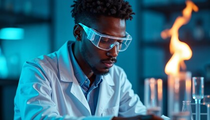 Young African American Scientist in Laboratory Conducting Research with Equipment and Glassware