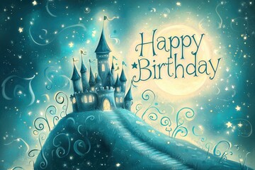 Whimsical Fairy Tale Birthday Card Design with Magical Castle and Twinkling Stars