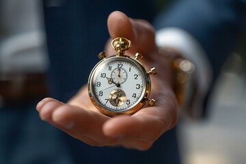 close-up shot of a business man holding a stopwatch in his hand, symbolizing the concept of time management and deadlines in the corporate world.