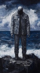 Surreal Figure Silhouette Amid Turbulent Seascape Conveying Emotional Struggle and Seasonal Changes Impact on Mental Health