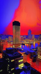 Fototapeta premium Surreal Glitch Infused Cityscape with Luminous Energy Flows and Radiant Hues