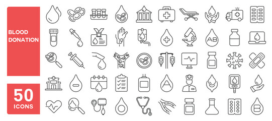 Set of 50 line icons related to blood donation, blood, drop, syringe, platelet, donor, hematology, hemoglobin, Editable stroke. Vector illustration