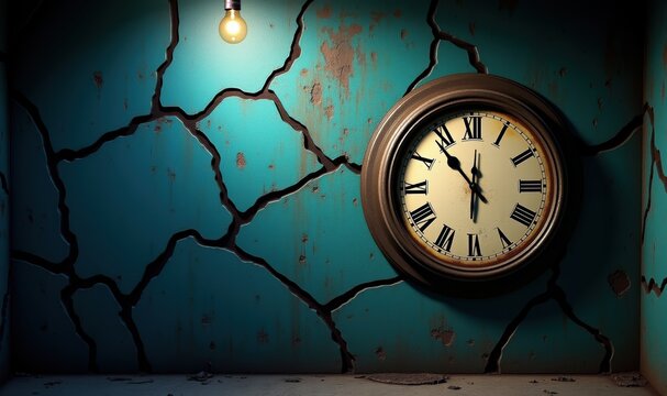 A vintage clock on a cracked wall, symbolizing the passage of time and decay. Ideal for themes of nostalgia, urgency, or time management in various creative projects.