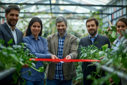 The management team of a new startup business cutting the red ribbon at their grand opening ceremony.