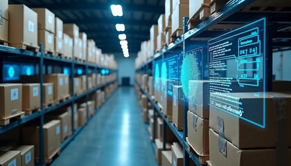 Modern Warehouse Aisle with Stacked Boxes and Digital Display for Data Visualization