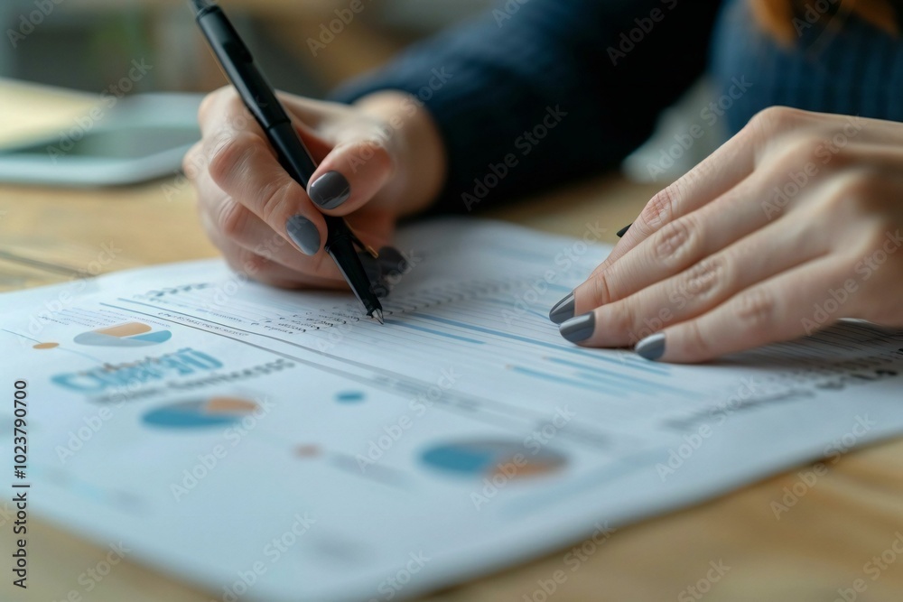 Poster close-up photo of a person filling out a survey form with a pen, showcasing the process of providing