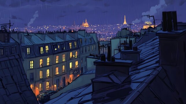 Flat illustration of the rooftops in Paris at night