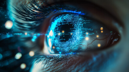 Close-up of an eye with digital data and code reflected in the iris